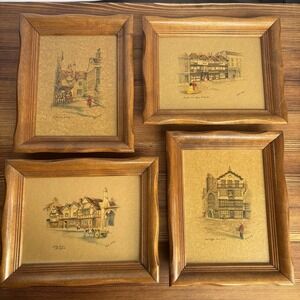 Set of 4 Vintage Clyde Cole Framed Prints English Inns Village Scenes Wood Frame